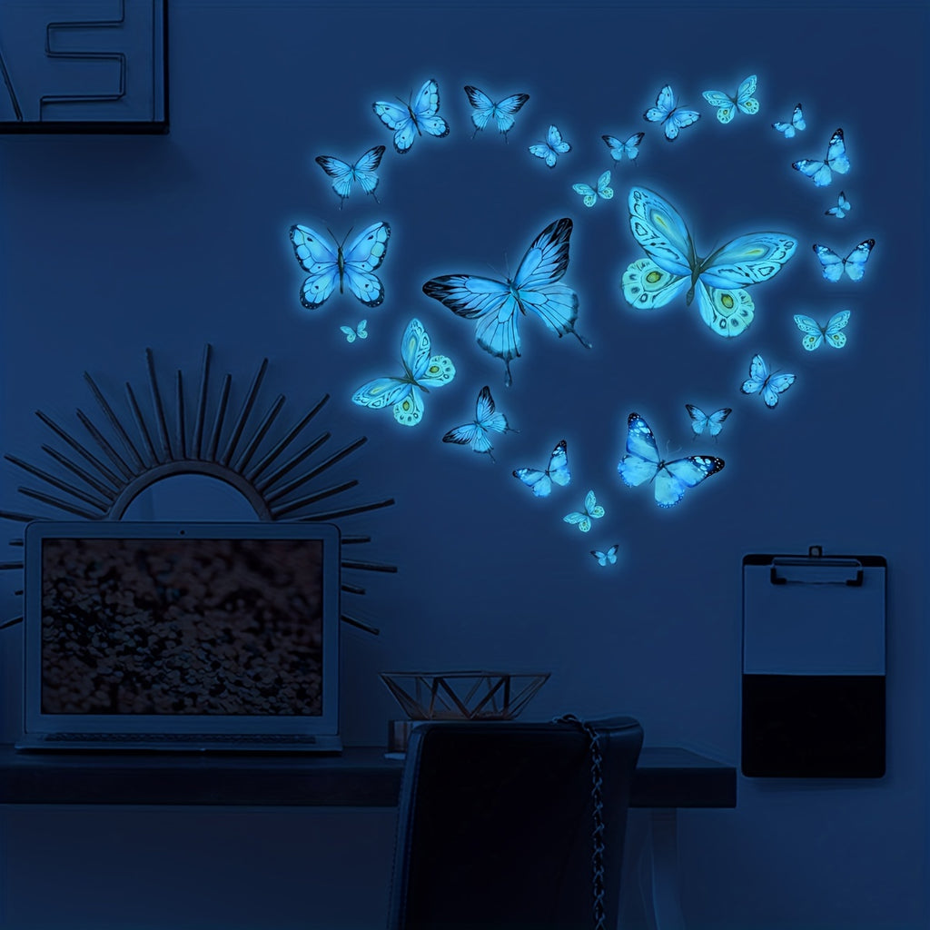 25pcs Vibrant Blue Butterflies Glow-in-the-Dark Stickers - Radiant Design, Waterproof, Detachable, Self-Adhesive Vinyl Decor for Living Room, Bedroom, Bathroom Walls, and More - Transform Your Space with Nighttime Beauty