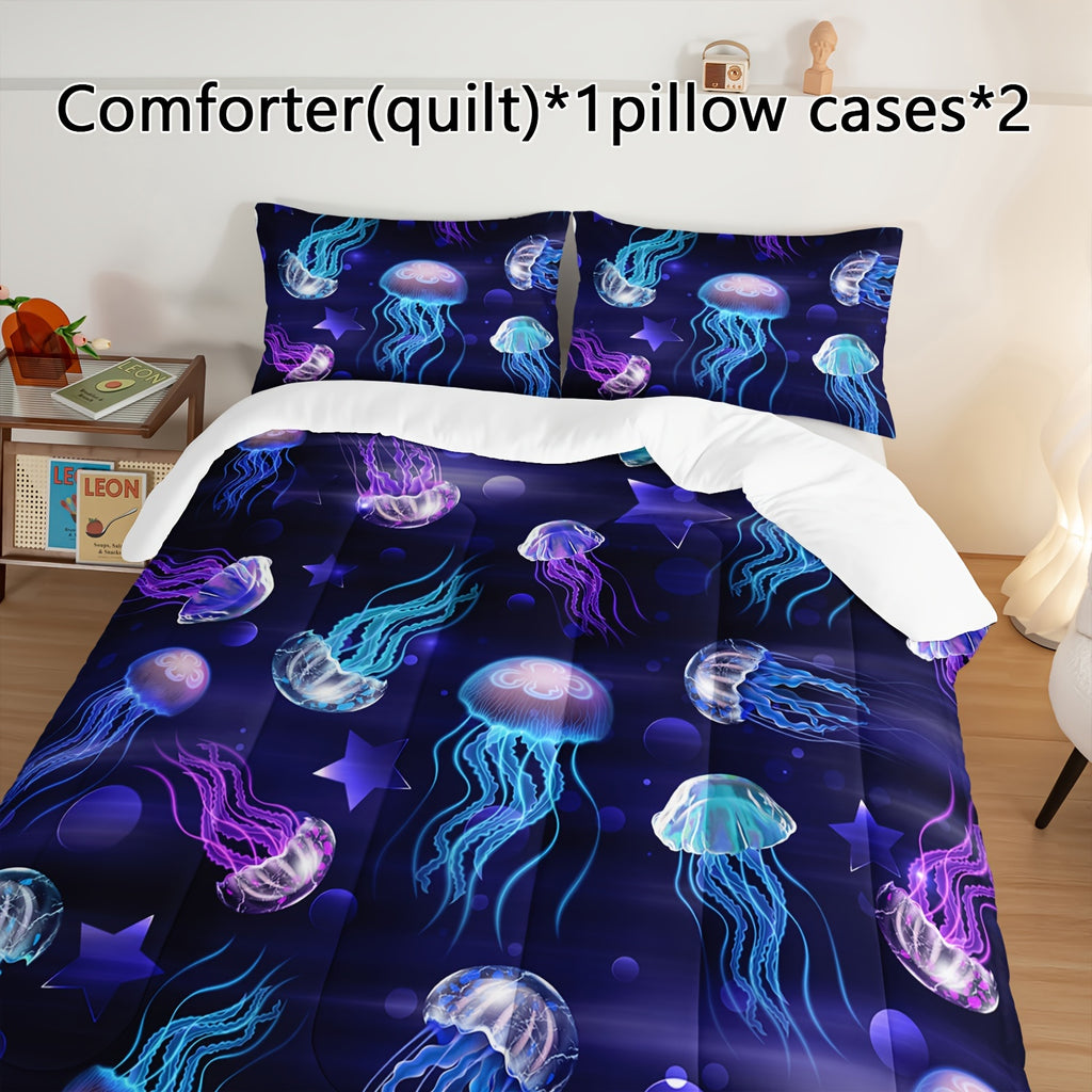 3pcs Beautiful Purple Jellyfish Star Print Comforter Set - Fashion Design, Ultra-Soft Polyester, Gentle On Skin, Plush And Cozy - Complete 3-Piece Set With 1 Comforter And 2 Pillowcases, Core Not Included, Perfect For Bedroom And Guest Room Decor