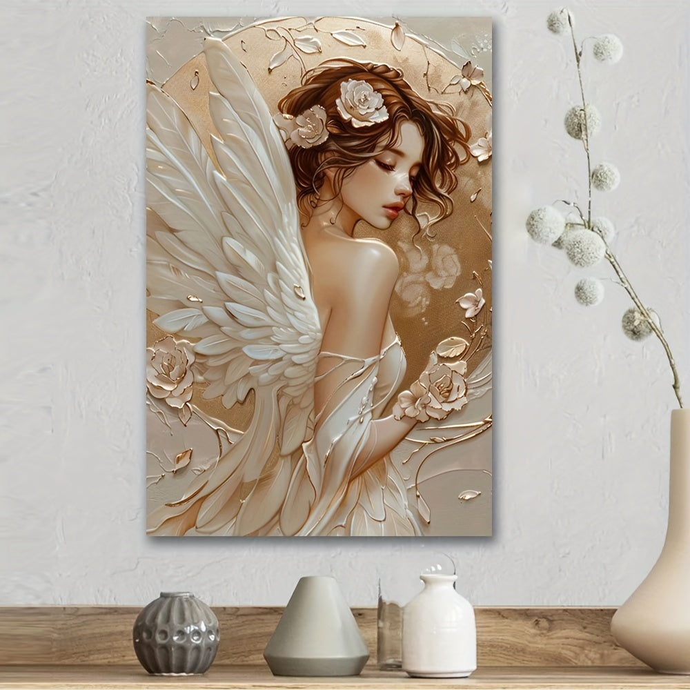 Modern White Angel & Floral Canvas Art Print - Abstract Oil Painting Poster, Perfect For Living Room Or Bedroom Decor, Unframed 15.7X23.6 Inches