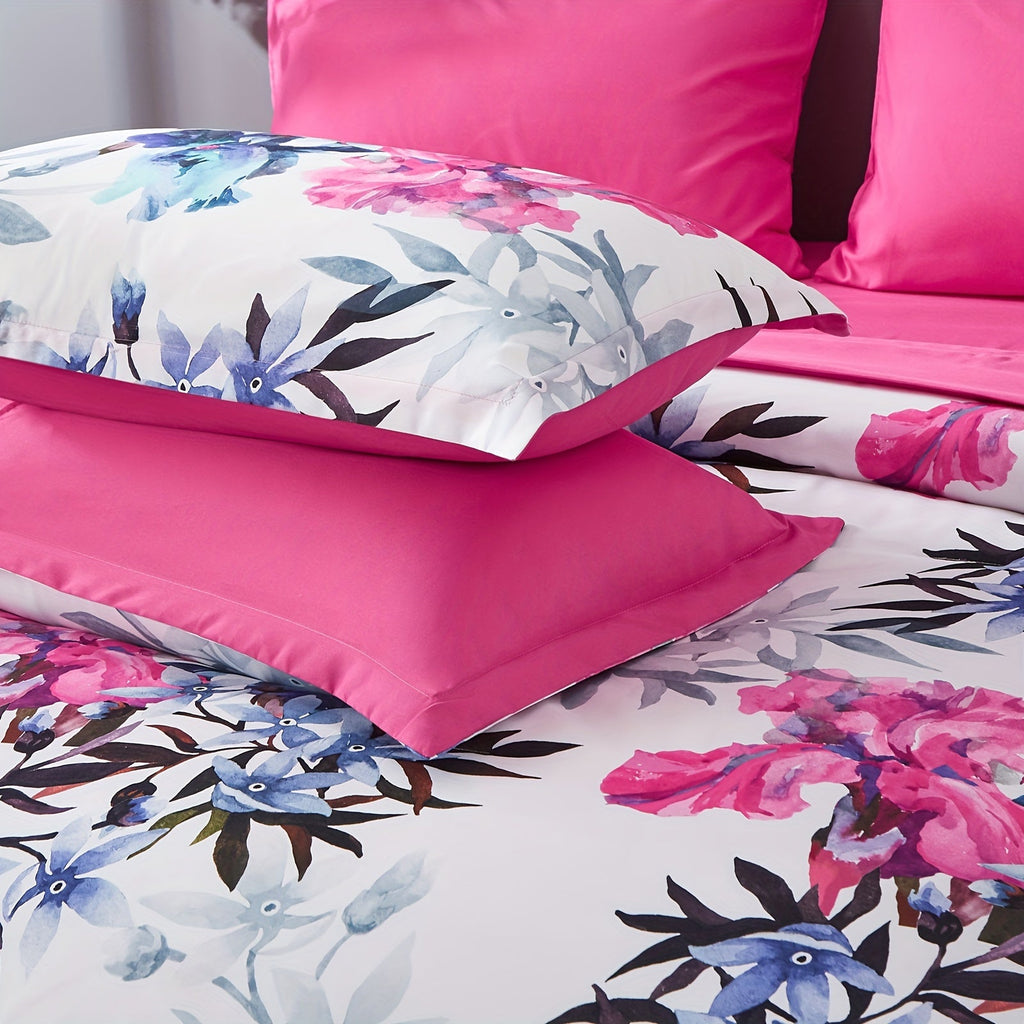 7Pcs Pink And Blue Botanical Flowers Leaves Comforter Set - Stain-Resistant, Soft 100% Microfiber Cover, 100% Polyester Fiber Filling, Woven For Durability - Queen/King Size Bed In A Bag For All Seasons, Floral Print Bedding