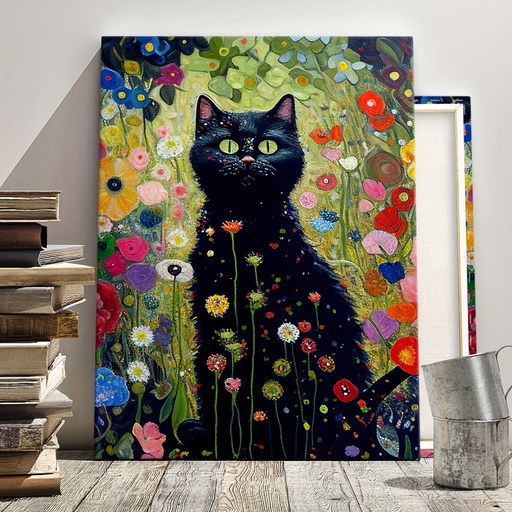 Gustave Klimt-Inspired Garden Cat Canvas Art - Waterproof, Framed Wooden Wall Decor for Living Room, Bedroom, Office & More