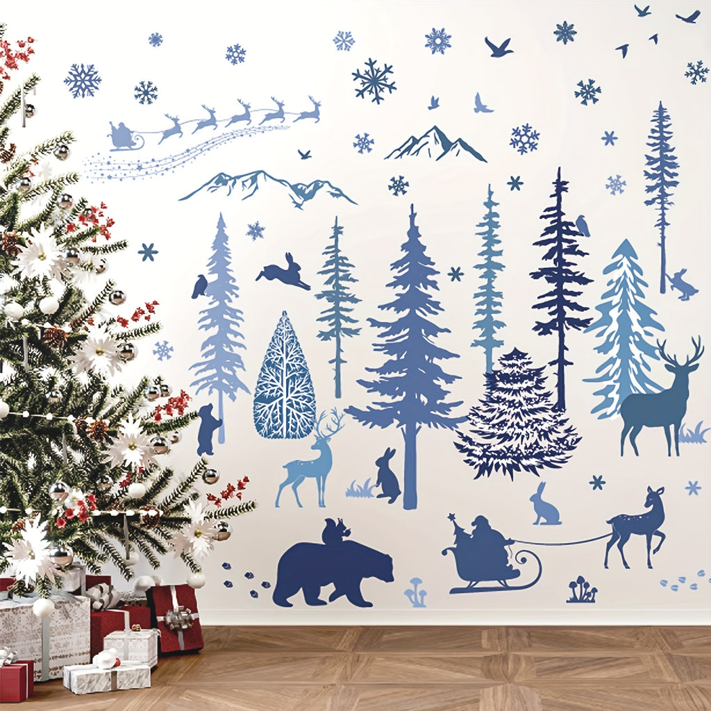 4 Sheets Christmas Wall Stickers Roll Winter Scene Blue Floor Decals Forest Animals Prints Waterproof Art PVC Plastic Window Decor for Xmas DIY Home Party