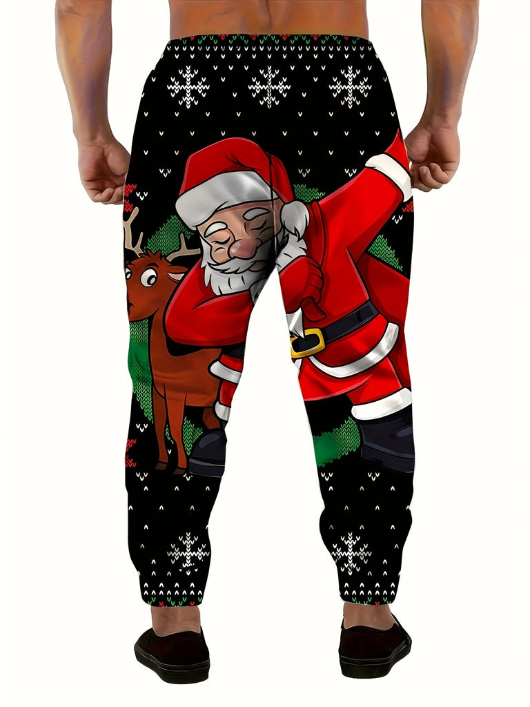 1pc Festive Men'S Christmas Sweatpants, 3D Santa Claus Print, Casual Style, Polyester Knit Fabric with Slight Stretch, Regular Fit, Drawstring Waist, Pockets - Novelty Holiday Joggers