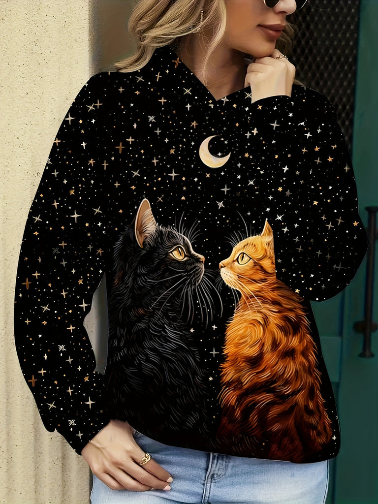 Cosmic Starry Night Cats Print Hoodie - Casual Polyester Knit Pullover with Hood, Long Sleeve Animal Pattern Hooded Sweatshirt for All Seasons