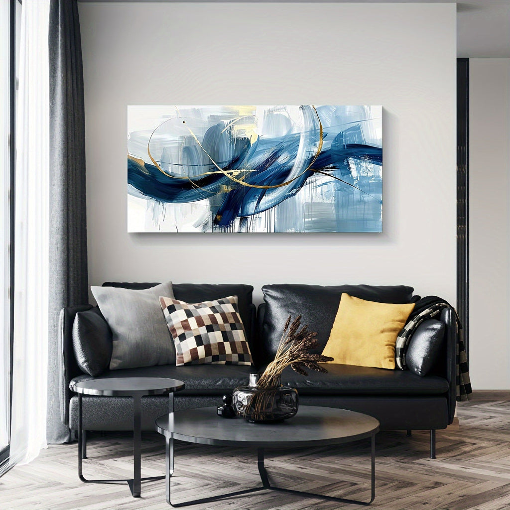 1pc Modern Abstract Canvas Wall Art Vibrant Blue and Golden Lines on White Background Doodled Contemporary Painting for Home Decor Ready to Hang