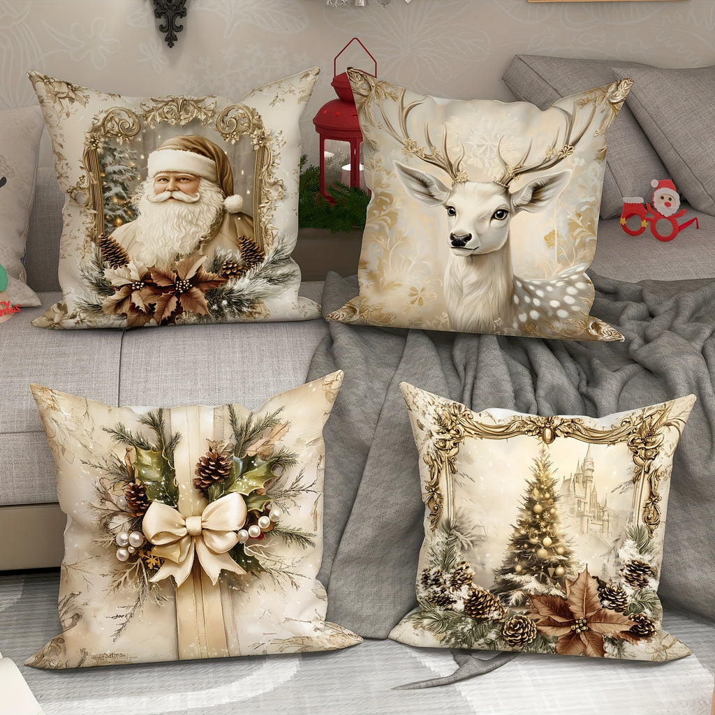 Santa pillow covers - Velvet Christmas Santa Deer Tree Throw Pillow Covers - Vintage Golden White - Deck Your Halls in Cozy Cheer