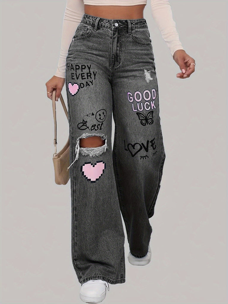 1pc Elegant Low Waist Wide Leg Denim Jeans, Ripped Design with Positive Print, Non-Stretch Fabric, Button Fly, Long Pants for Casual Weekend Wear - DK7120