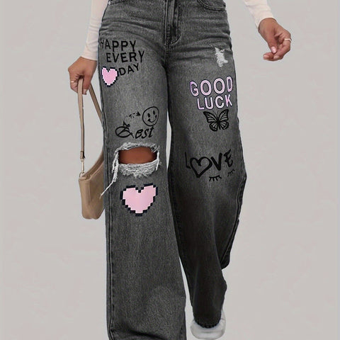 1pc Elegant Low Waist Wide Leg Denim Jeans, Ripped Design with Positive Print, Non-Stretch Fabric, Button Fly, Long Pants for Casual Weekend Wear - DK7120