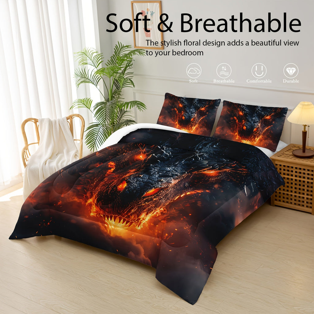 3pcs Dragon Themed Comforter Set, Anime Dragon Bedding Set (1 Bed Comforter + 2 Pillow Cases), Four Seasons Comforter, Soft Comfortable And Breathable Printed Bedding For Home Dorm Decoration