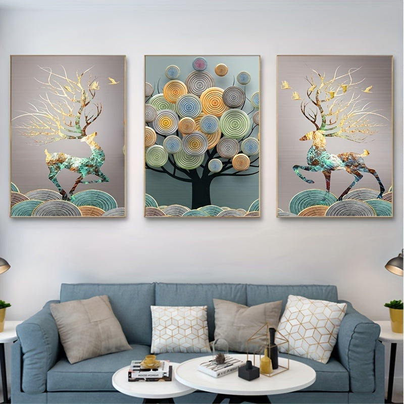 3pcs Golden Frameless Abstract Chinese Feng Shui Rich Tree Wall Art Canvas Painting, 15.7*23.6in, No Frame, Art For Living Room Cuadros Decor