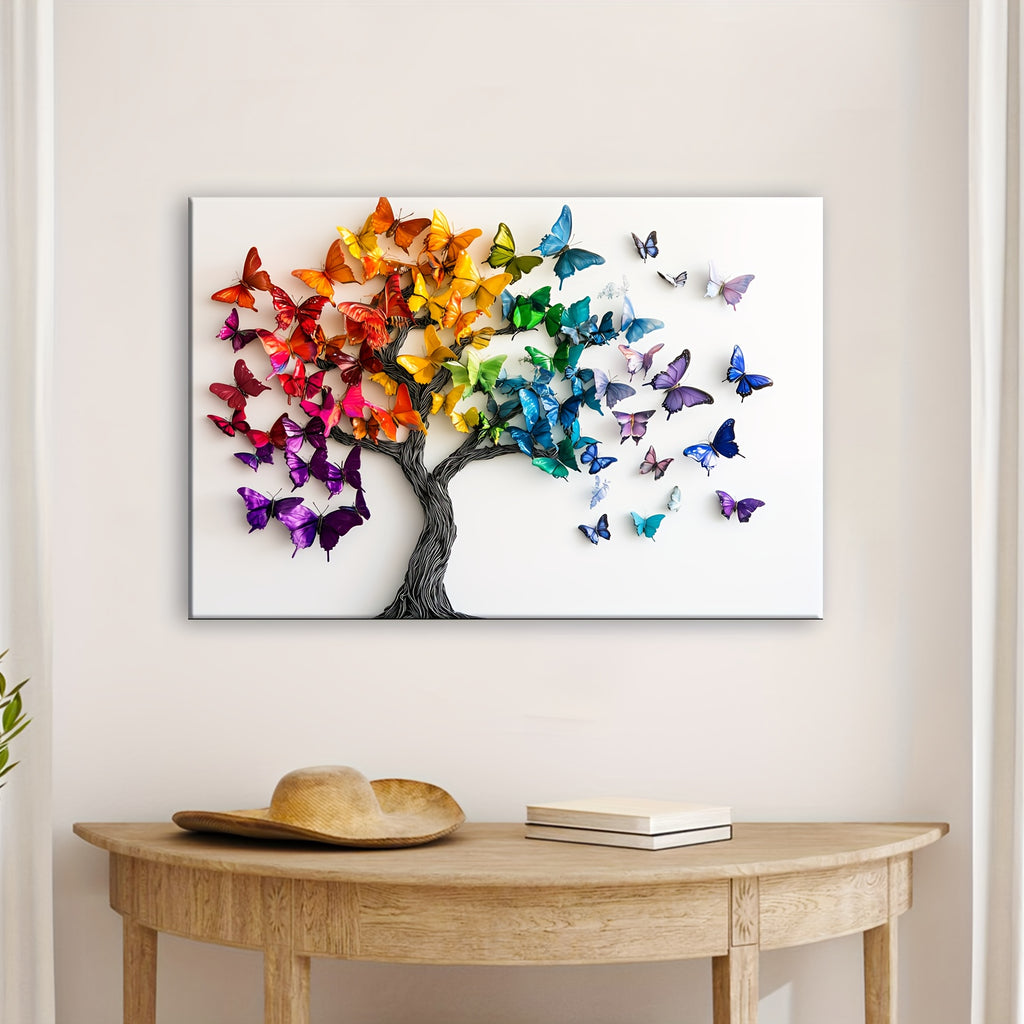 1pc Wooden Framed Canvas Painting Vibrant Butterfly Leaves Tree Artwork for Office Home and Living Room Decoration