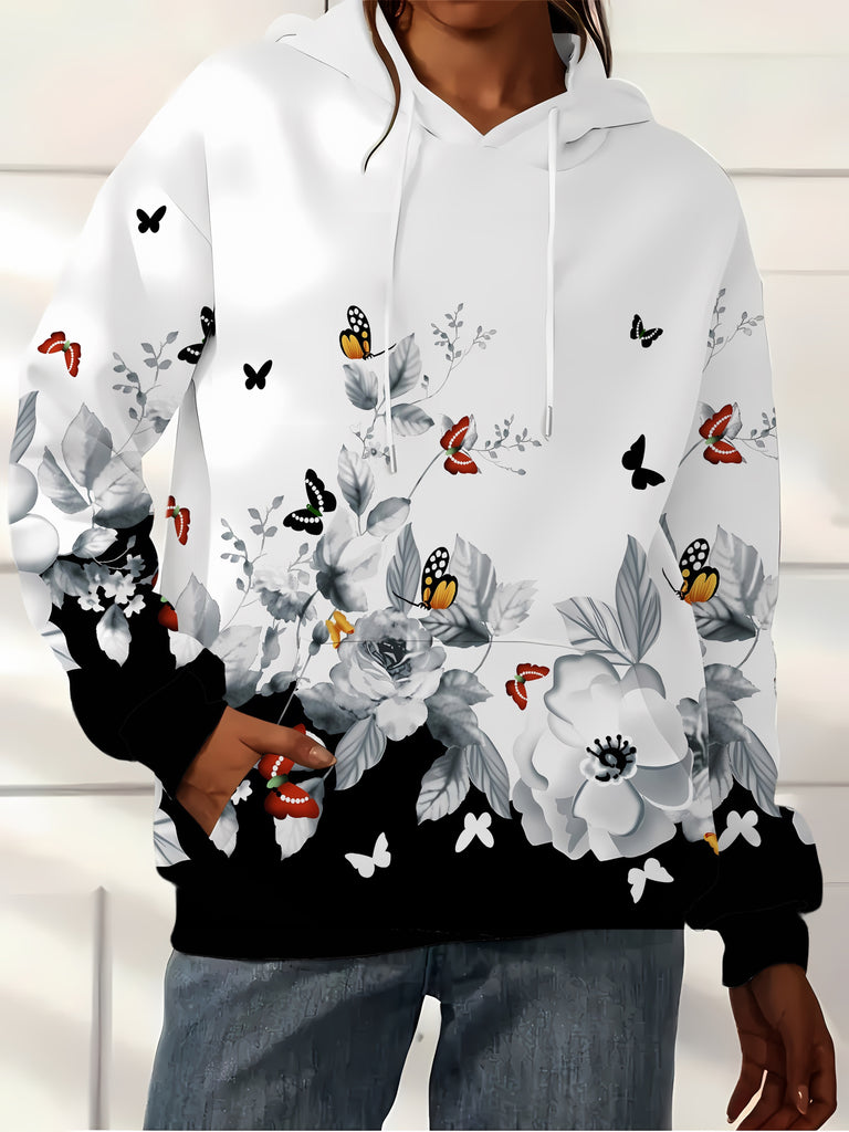 Butterfly Print Kangaroo Pocket Hooded Sweatshirt, Casual Drop Shoulder Long Sleeve Drawstring Hoodies Sweatshirt, Women's Clothing