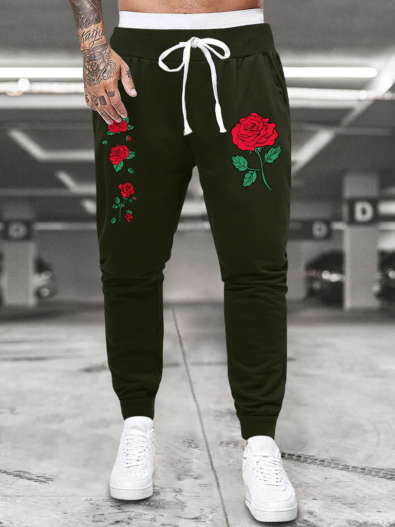 Men'S Plus Size Casual Joggers, Polyester Knit Fabric, Regular Fit, with Pockets, Geometric Rose Pattern, Slight Stretch, for Spring/Fall