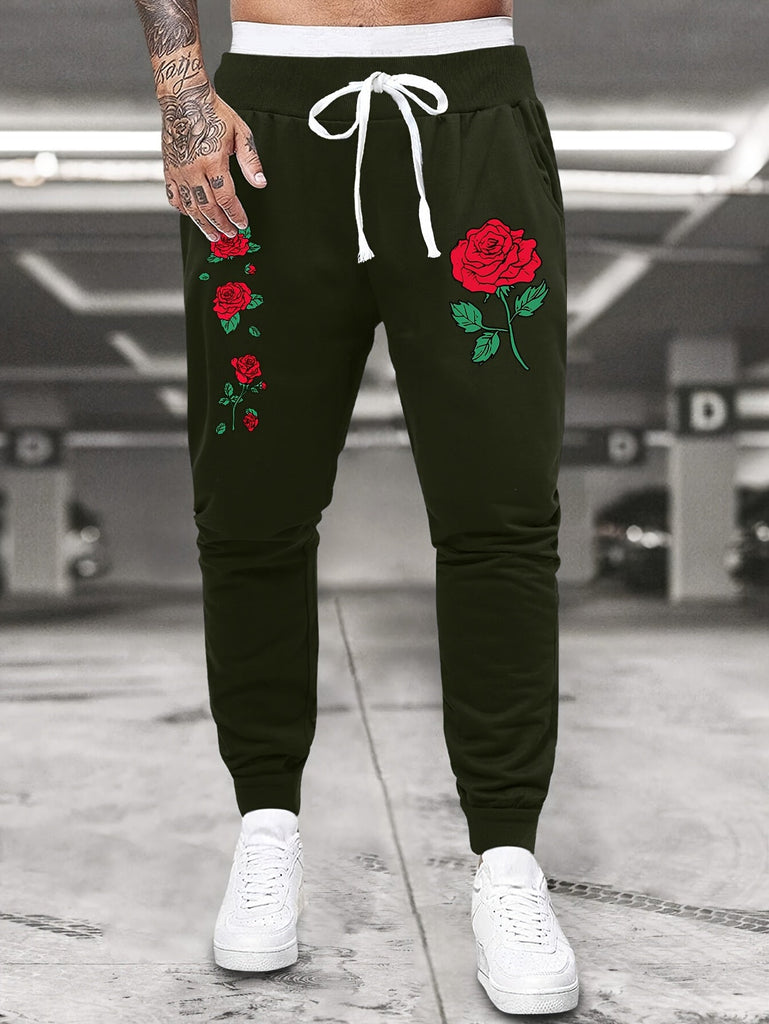 Men'S Plus Size Casual Joggers, Polyester Knit Fabric, Regular Fit, with Pockets, Geometric Rose Pattern, Slight Stretch, for Spring/Fall