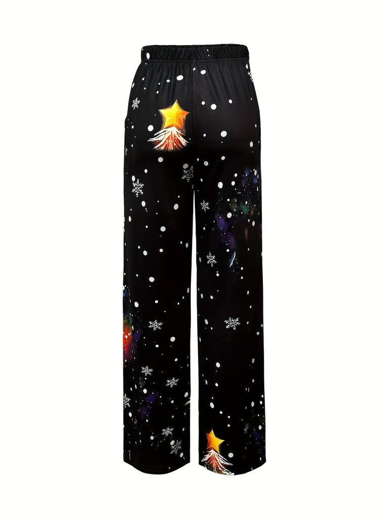 Women's Festive Christmas Print Straight-Leg Pants with Pockets - Casual & Comfy Polyester Blend, Machine Washable