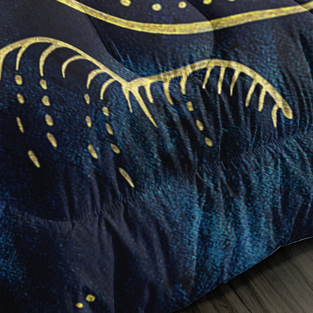 Sun and Moon Comforter Set, Starry Sky Celestial Star Bedding Set, Blue Golden Bohemian Gothic Comforter Set