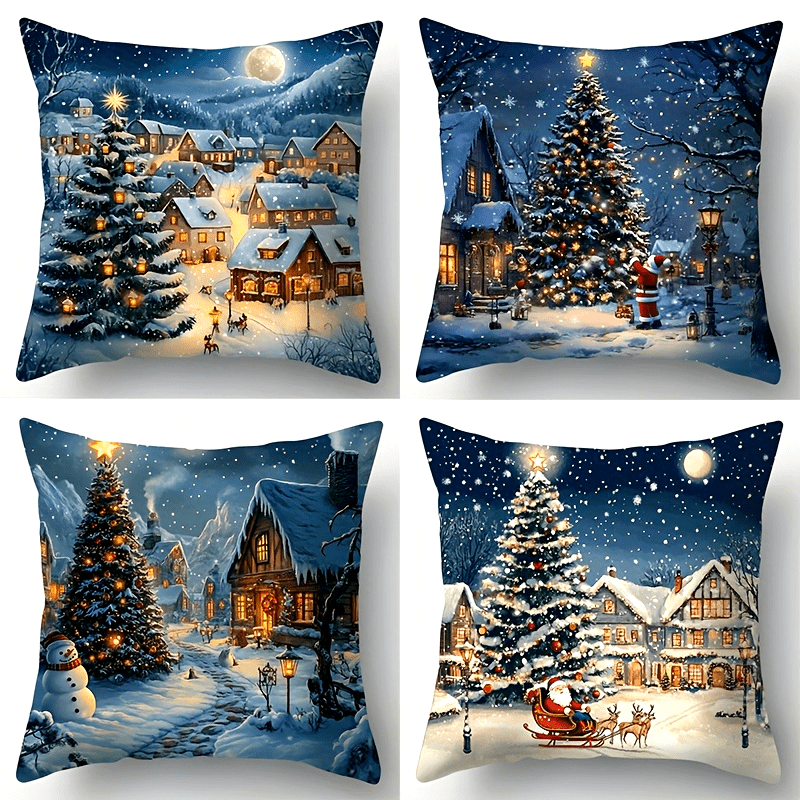 Contemporary Style Christmas Throw Cushion Covers 4pcs Set, 17.72" Woven Polyester Zippered Cases, Hand Wash Only, Festive Print for Living Room Sofa and Bedroom Decor - Insert Not Included