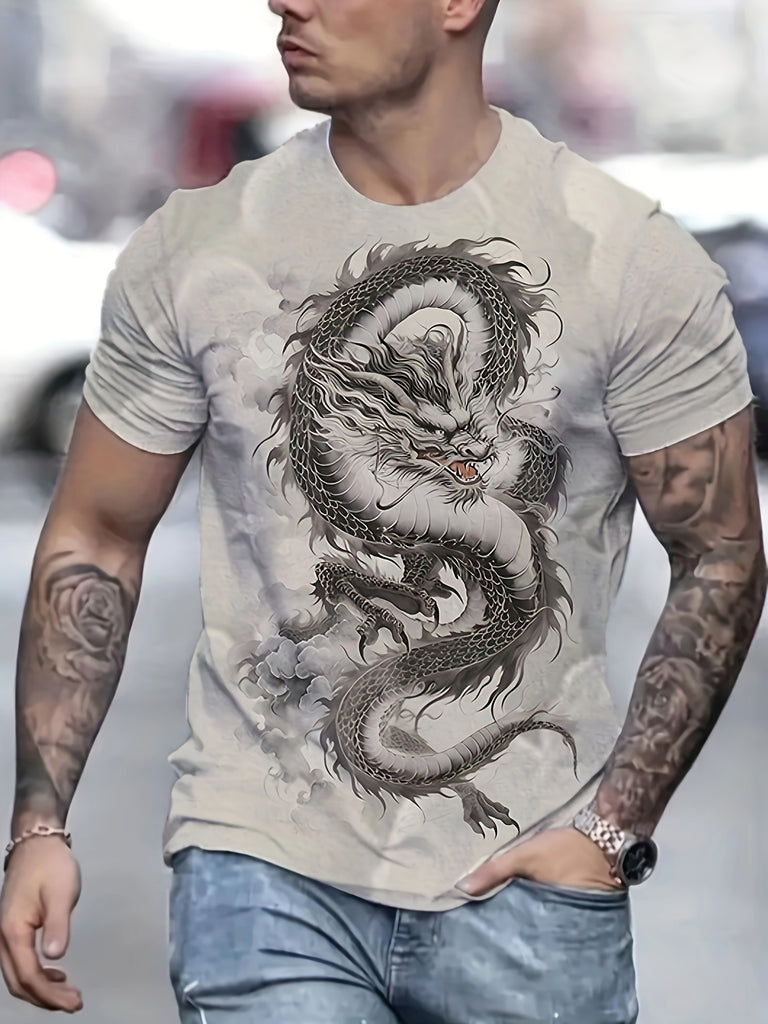 Men's Trendy Dragon Graphic Tee - Breathable Polyester Blend, Crew Neck, Short Sleeve - Perfect for Casual Wear & Outdoor Activities, Long Sleeve Dragon Theme Shirts