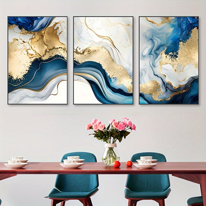 3-Piece Wooden Frame Modern Abstract Canvas Art Set - Blue Golden Hues Graphic Design - For Bedroom & Living Room Decor - Perfect Gift for Art Lovers & Home Decor Enthusiasts