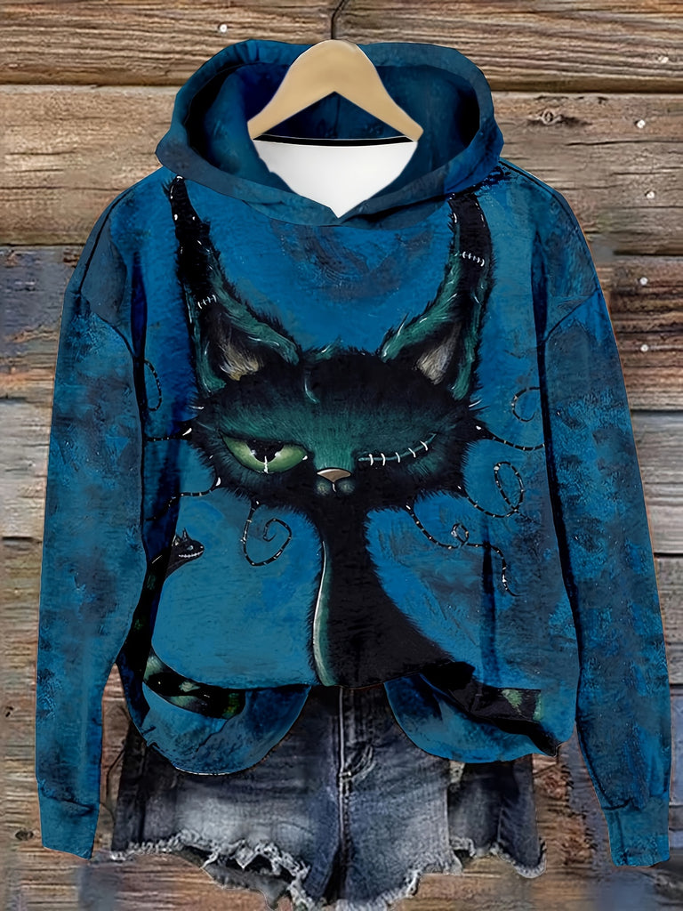 Halloween Scary Cat Print Hoodie, Casual Long Sleeve Drop Shoulder Hoodie Sweatshirt, Women's Clothing