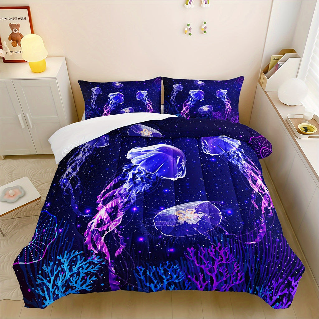 3pcs Fashion Bedding Set, Wonderful Underwater World Seaweed Coral Jellyfish Print Bedding Set, Soft Comfortable Skin-friendly Bedroom Quilt, Guest Room (1 * Quilt + 2 * Pillowcase, No Core)