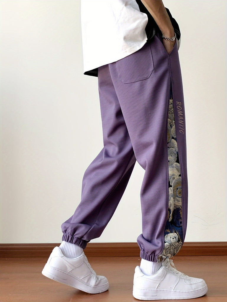 Men's Stylish Comfy Bears Embroidery Pattern Pants With Pockets, Casual Breathable Drawstring Loose Joggers For Outdoor Activities