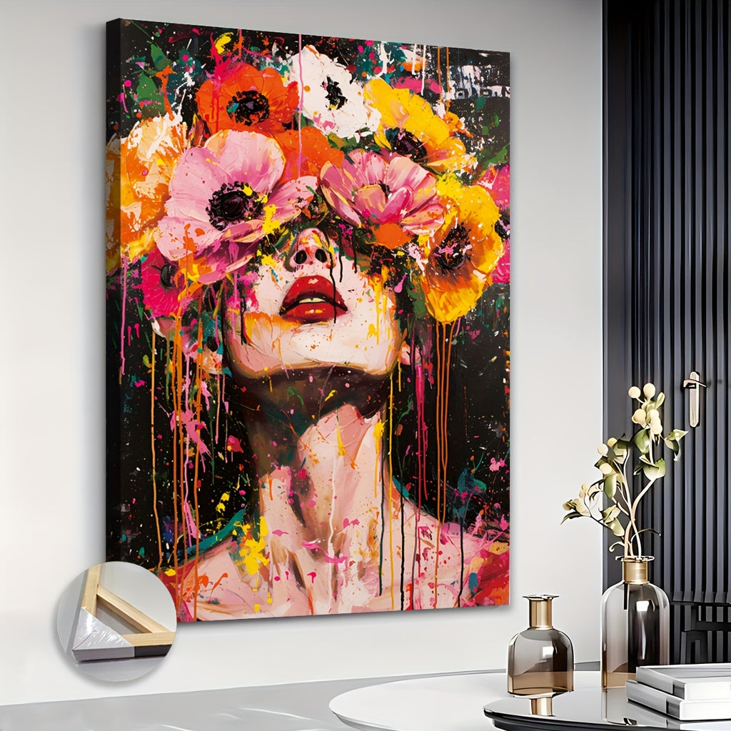 Extra Large Abstract Woman with Flowers Canvas Wall Art - Modern Wooden Framed Decor for Living Room, Bedroom, Home Office - Ready to Hang, Lady Wall Decor