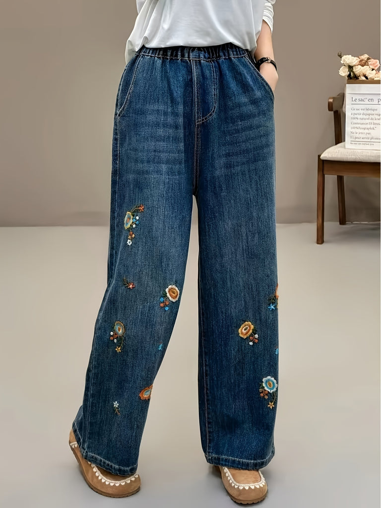 Women's Floral Embroidered Bottom Jeans Trouser For Women - Relax Fit, Practical Pockets, Casual Straight Leg Pants For Everyday Style, For All Seasons