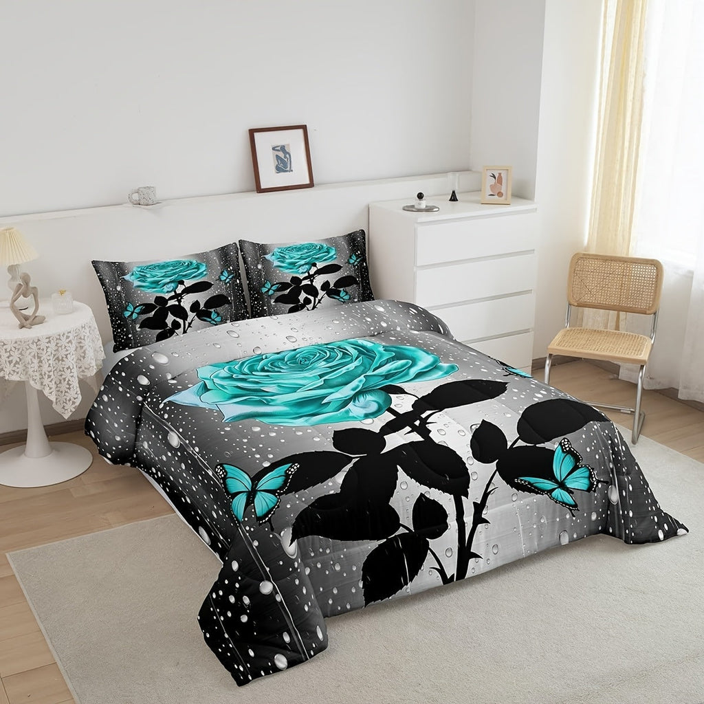 2/3pcs Teal Water Rose Bedding Set, Teal Butterfly Comforter Set for Men Women, Romantic Comforter Floral Flower Quilt Set with 1/2 Pillowcases, Fashionable Room Decor, All Season Lightweight Soft Cozy Warm, Christmas Gifts Decoration Ornaments