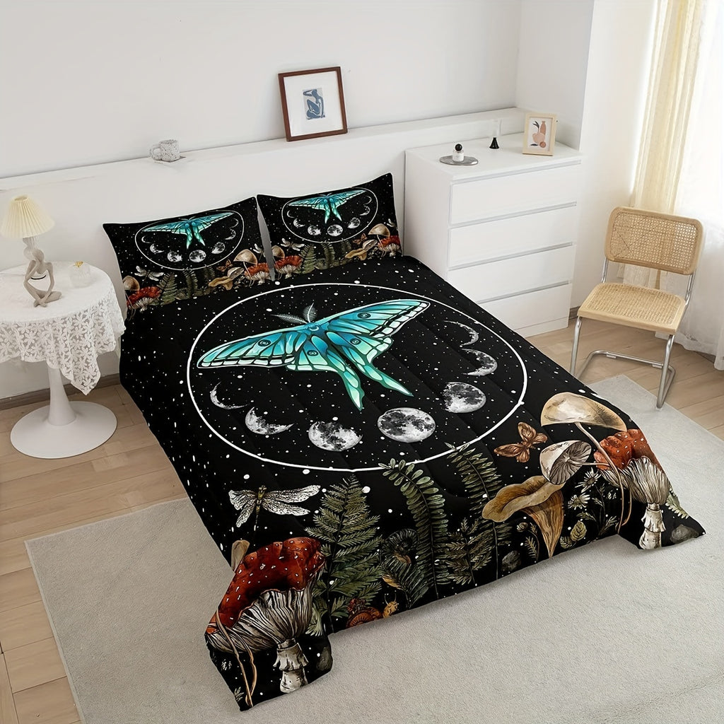 Blue Moth Bedding Sets, Boho Sun And Moon Comforter Set Hippy Mushroom Duvet Bohemian Butterfly Dragonfly Comforter, Wild Animal Quilt Set Mystic Starry Night Bedroom Decor, Black