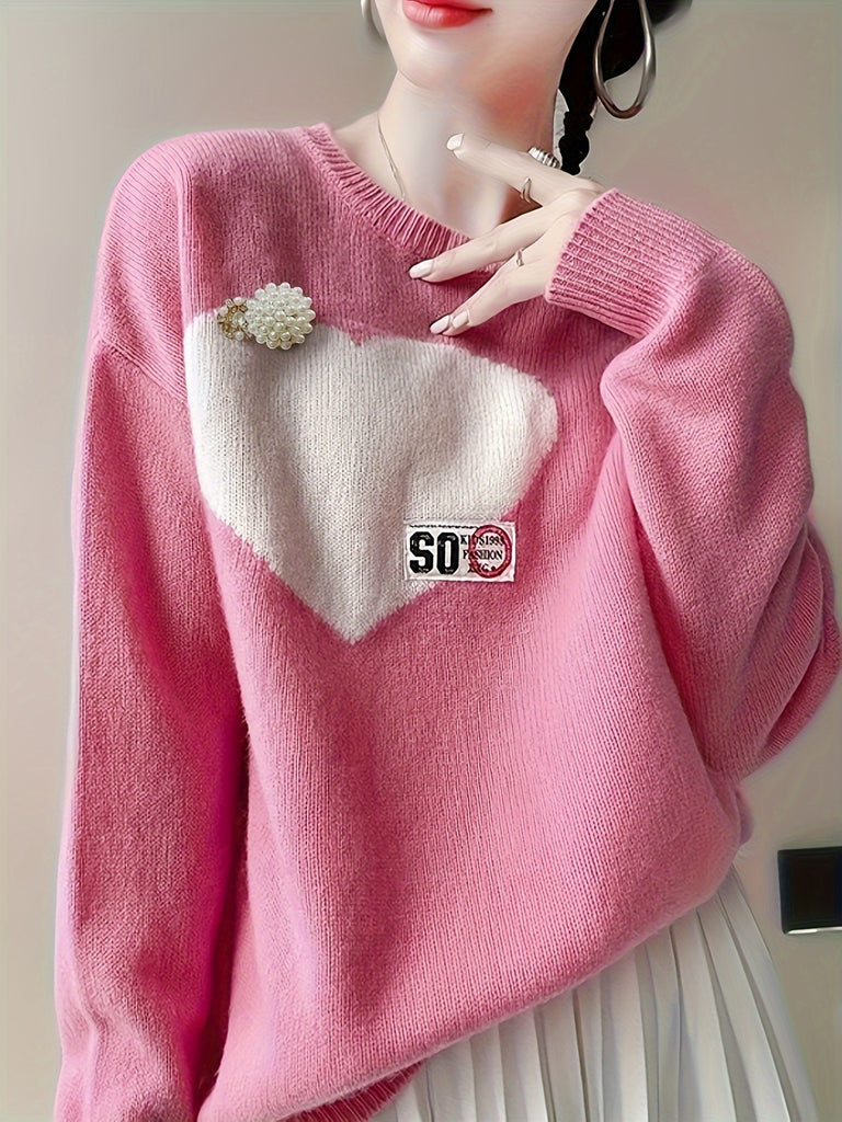 Heart Pattern Crew Neck Sweater, Sweet Long Sleeve Sweater For Fall & Winter, Women's Clothing