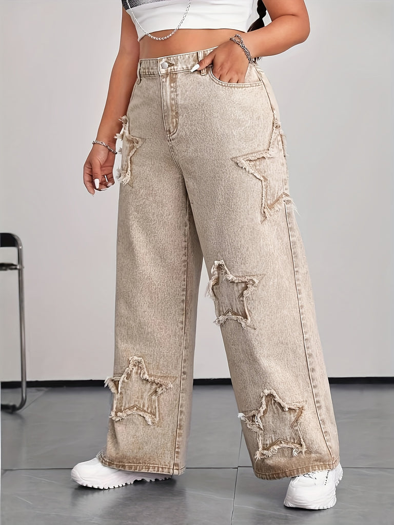 Women'S Casual Cotton Straight Leg Jeans, Embroidered Five-Pointed Star Pattern, Button Detail, Woven Denim Trousers for All Seasons