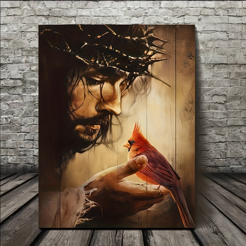 1pc Wooden Framed Red Cardinals Canvas Painting Art Prints Wall For Bedroom Living Room Home Decor Thorn Crown Jesus Portrait Canvas Print Poster Picture With Framed Ready to Hang Art Gift For Her Him