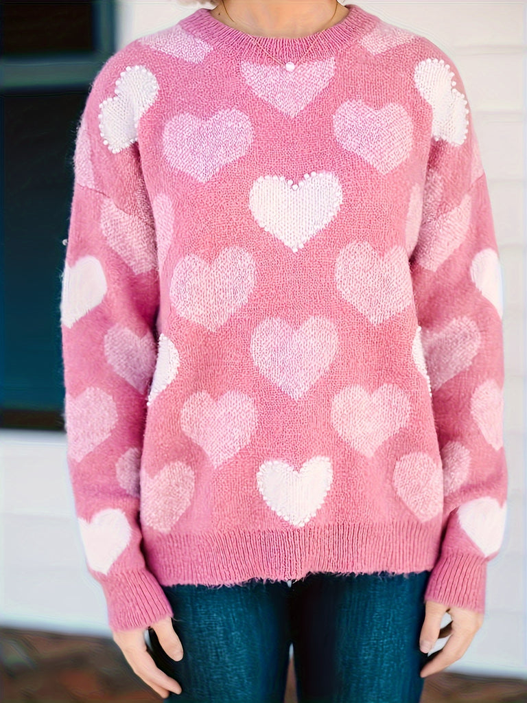 Heart Pattern Crew Neck Sweater, Casual Long Sleeve Sweater For Fall & Winter, Women's Clothing