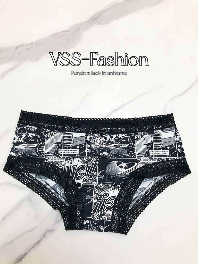 1pc VSS-Fashion Elegant Cotton No-Show Panties for Women, Cartoon Print Drop Waist Underwear with Bow Detail, Knit Fabric Lining, Hipster Style, Single Pack