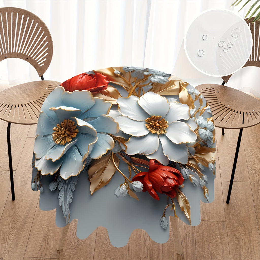 1PC Polyester Round Tablecloth - Floral Digital Print, Water & Stain Resistant, Machine Woven, Pleated Design for Dining, Parties, BBQs, and Weddings - Versatile Home and Outdoor Decor