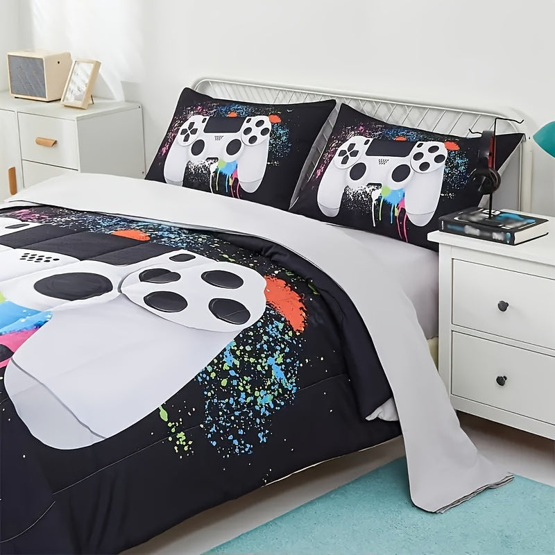 4/5Pcs Gamer Comforter Set - Stain Resistant, Ultra Soft Microfiber, Lightweight, 3D Colorful Game Controller Bedding With 100% Polyester Fiber Fill - Twin/Full/Queen Size Bed In A Bag For All Seasons