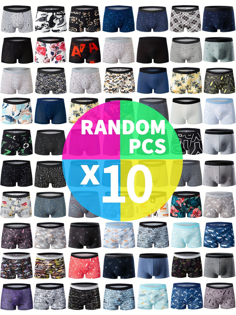 10 Pcs Men's Trendy Letter Print Boxer Briefs - Stylish, Comfy, Quick-Drying, Multi-Color Underwear Set for Everyday Wear