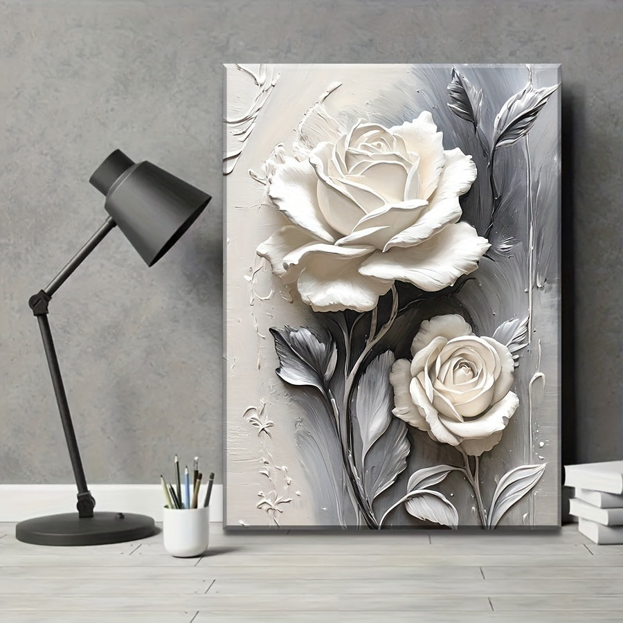 Elegant White Rose 3D Embossed Canvas Art - Modern Floral Wall Decor for Living Room, Bedroom, Office & More - Framed HD Print Oil Painting with Pine Wood Frame - Perfect Gift for Halloween, Thanksgiving, Christmas