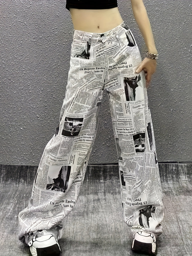 Women's High-Waist Newspaper Print Jeans - Denim Cotton Blend Street Style Straight Leg Trousers with Pockets, Elastic Fabric, Boot Cut Long Pants for Going Out, Spring/Summer/Autumn/Winter - Tu bu yin he