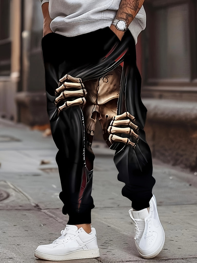 Men's 3D Halloween Grim Reaper Print Joggers - Casual Drawstring Sweatpants with Pockets, Polyester Blend, Machine Washable, for Halloween, Autumn, Spring