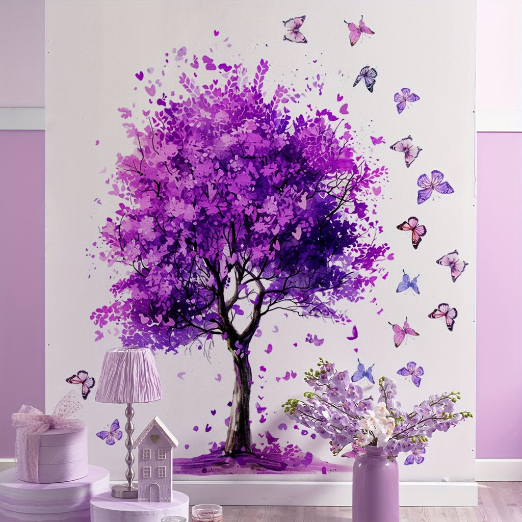 Contemporary Purple Tree and Butterfly Wall Decals, 2-Piece Set, Self-Adhesive PVC Wall Stickers for Living Room, Bedroom, Bathroom, Plastic Surface, Single Use, No Electricity Needed - MS7196-YC