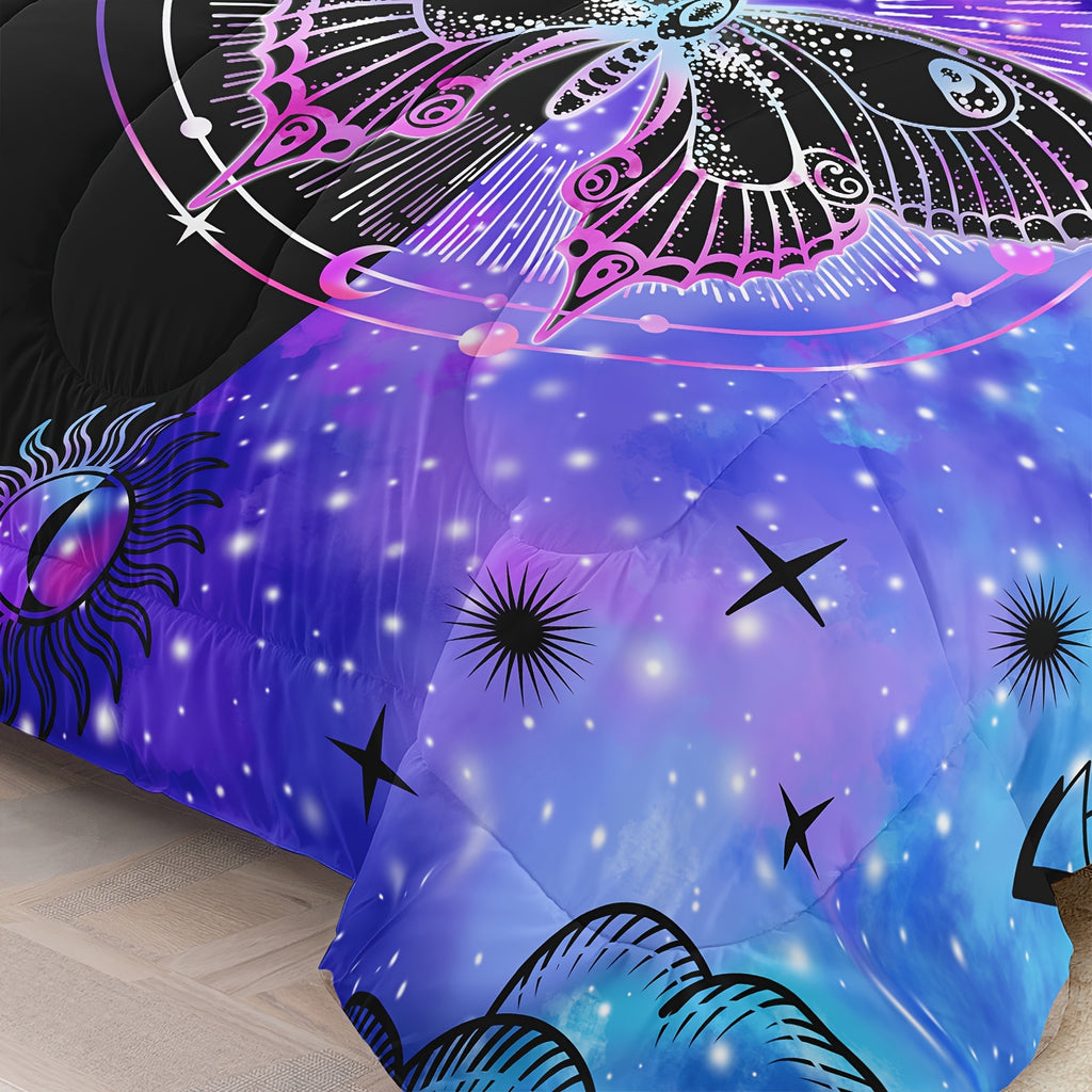 Bohemian Butterfly & Galaxy Comforter Set - 2/3 Piece Set with Quilt and Pillowcases, Stain Resistant Microfiber Cover, Machine Washable, Woven Polyester Fiber Filling, Digital Print Fantasy Starry Sky Design for Bedroom Decor