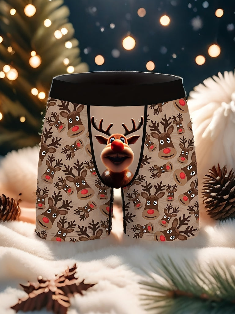 2pcs Men's Fashion Boxer Briefs with Christmas Elk Print - Comfortable, Quick-Dry & Breathable High Stretch Underwear for Casual Attire