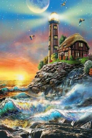 City Seaside Shore Diamond Painting Small Boat Design Embroidery
